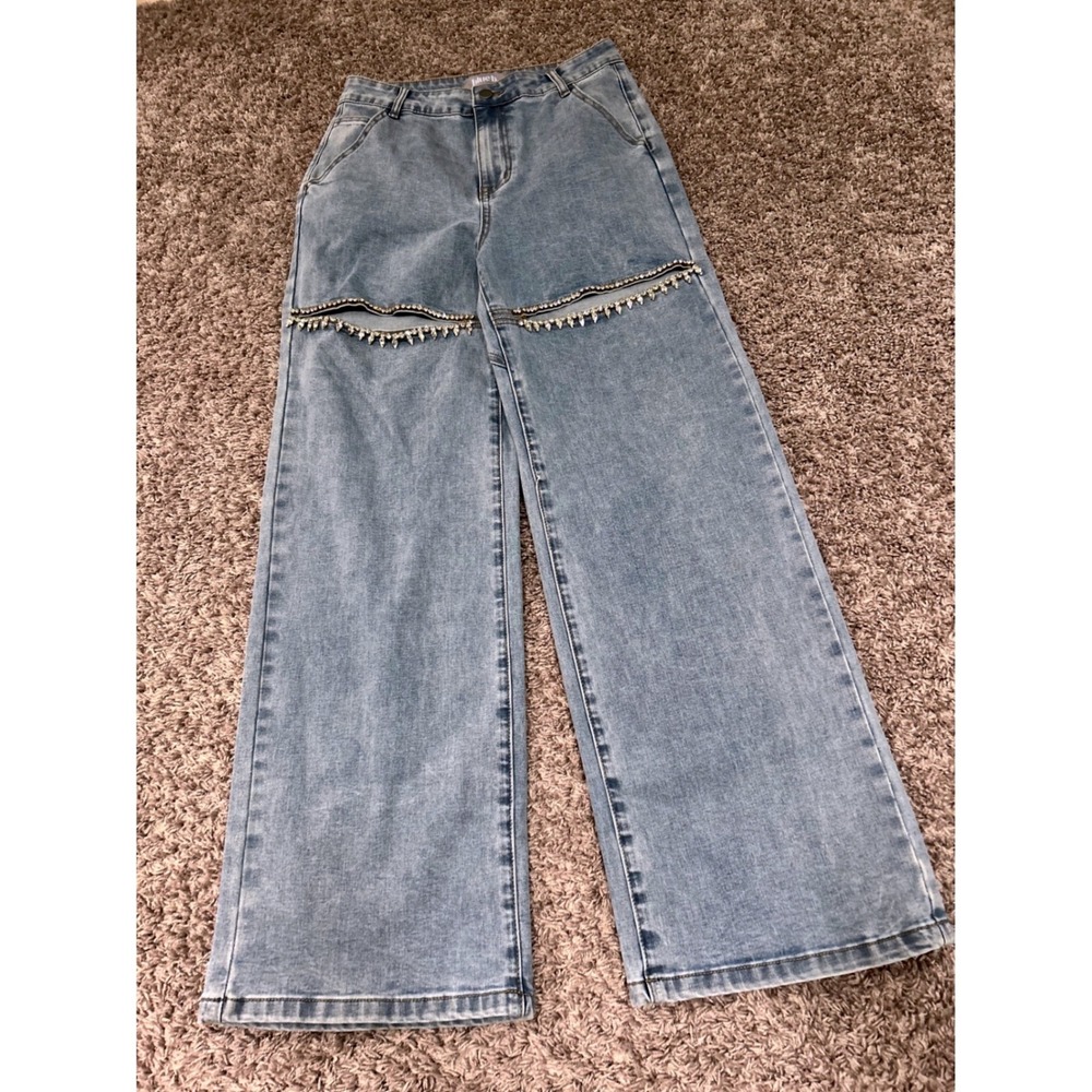 Blue b. Collection Rhinestone Knee Cutout Heart Back Wide Leg Jeans Light Wash M